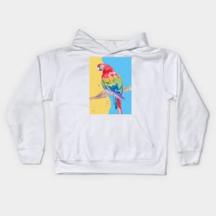 Parrot Watercolor Painting Macaw - on blue and yellow Kids Hoodie